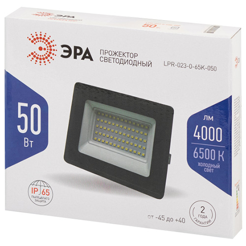 Прожектор светодиодный уличный ЭРА 50 Вт, 6500 K, 4000 Лм, 150х145х24 мм